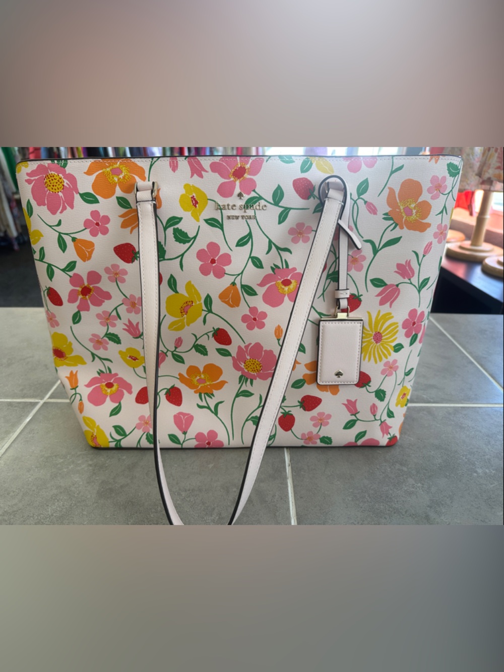 kate spade Floral Print Tote in light pink with Pink, Yellow & Orange Blooms